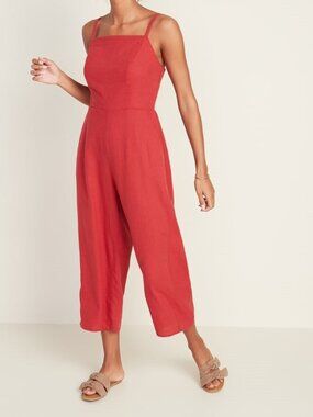 Old Navy Red-Orange Linen Blend Wide Leg Cropped Jumpsuit